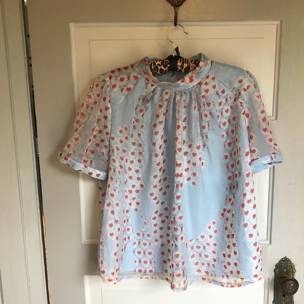 Lovely Blue Blouse with Daisy and Heart Pattern